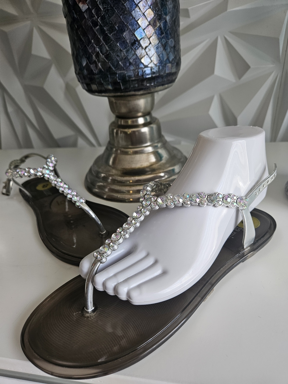 Olivia Miller Silver Rhinestone T-Strap Sandals